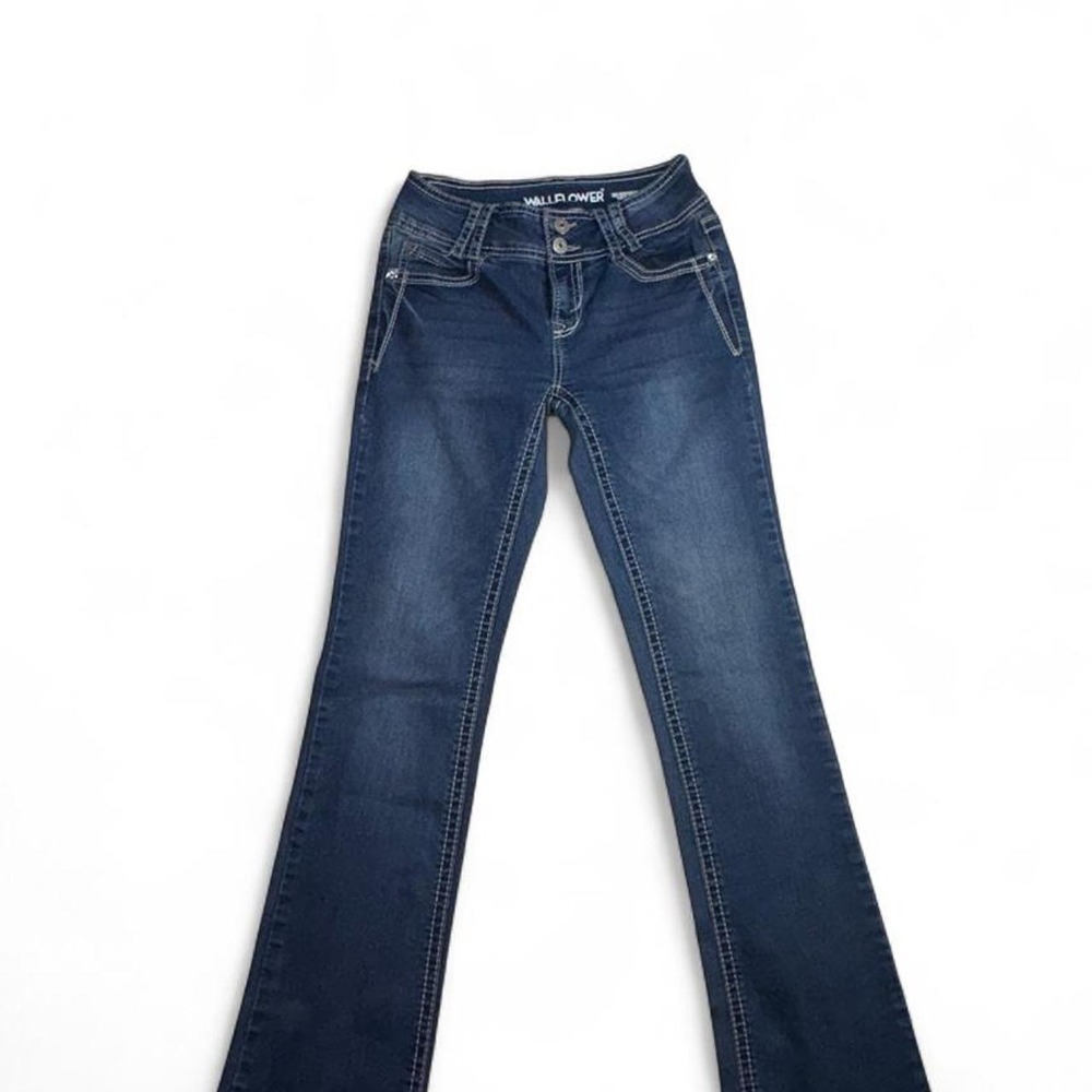 Wallflower navy blue bootcut jeans with white stitching